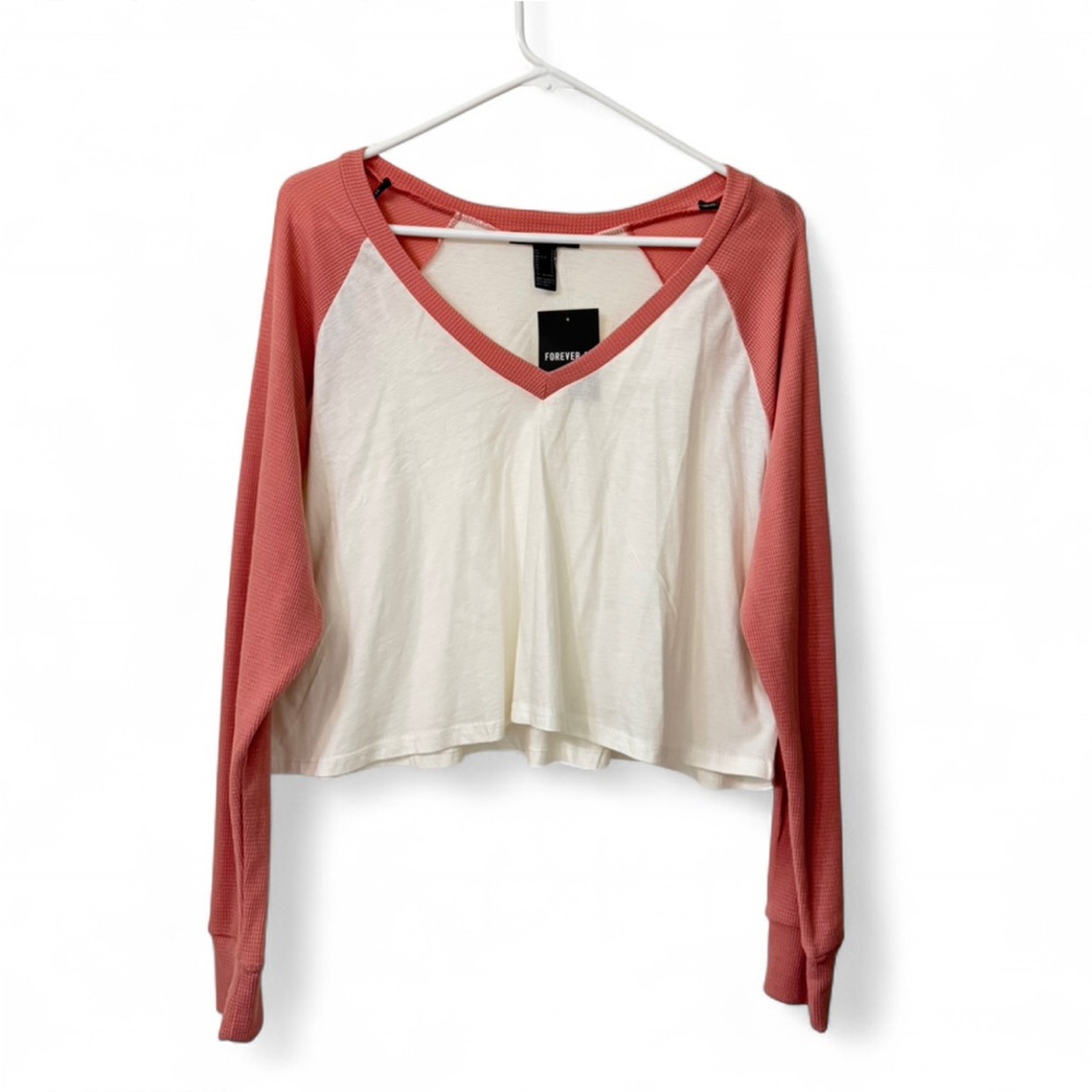 Women’s S NWT Forever 21 Loose Pink Mauve and white long sleeve cropped top
